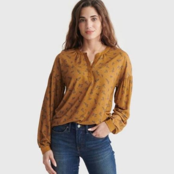 Lucky Brand Button-Accented V-Neck Top in Golden Brown Multi - Picture 4 of 5